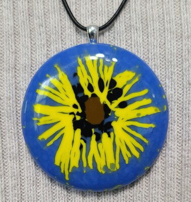 Abstract Sunflower Fused Glass Necklace with Sterling Silver Bail and Adjustable Length Leather Cord - image1